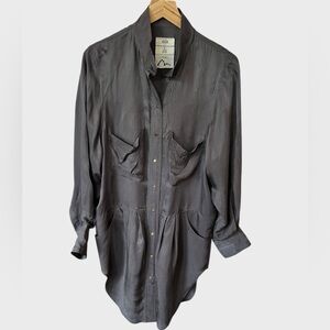 Evisu Silk Button-Up Tunic Shirt in Charcoal Gray